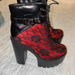Zara Red Lace Platform Ankle Boots with Black Trim